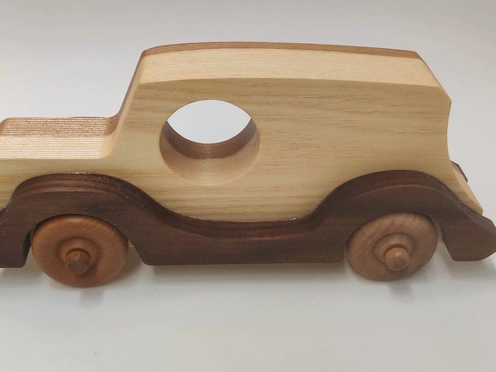 Handmade wooden toy cars and trucks